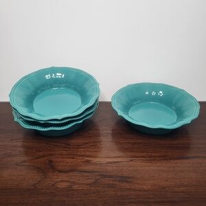 Pioneer Woman Paige Turquoise Scalloped Beaded Edge 8" Soup Cereal Bowl Set Of 4